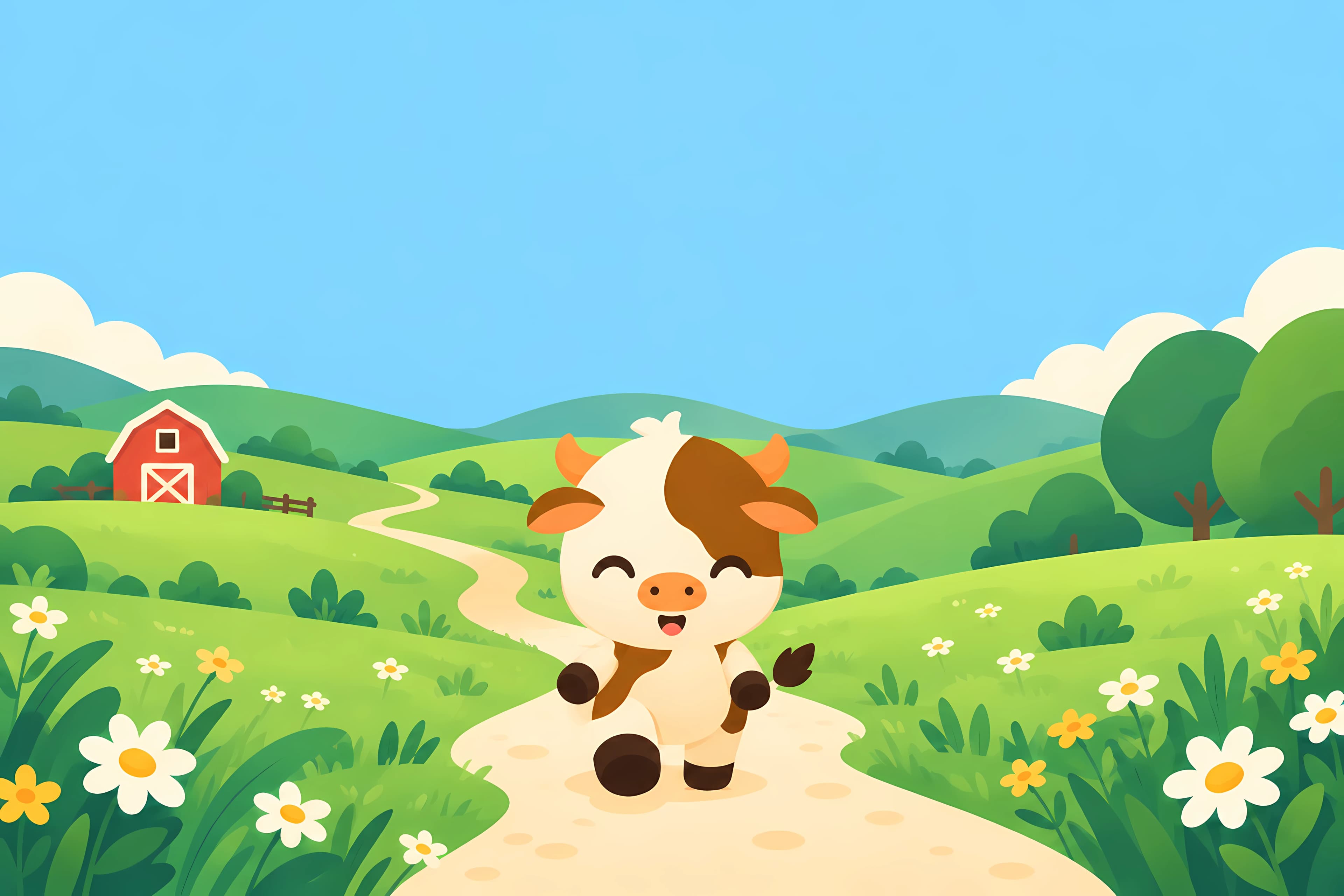Steer’s happy cow exploring a winding path through wildflower meadows, rolling hills, and a little red barn.